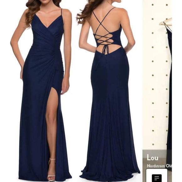 La Femme Strapy Back Ruched Jersey Gown - Picture 1 of 9